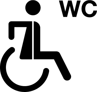links die Zeichnung einer Person, die im Rollstuhl sitzt. Rechts oben steht WC