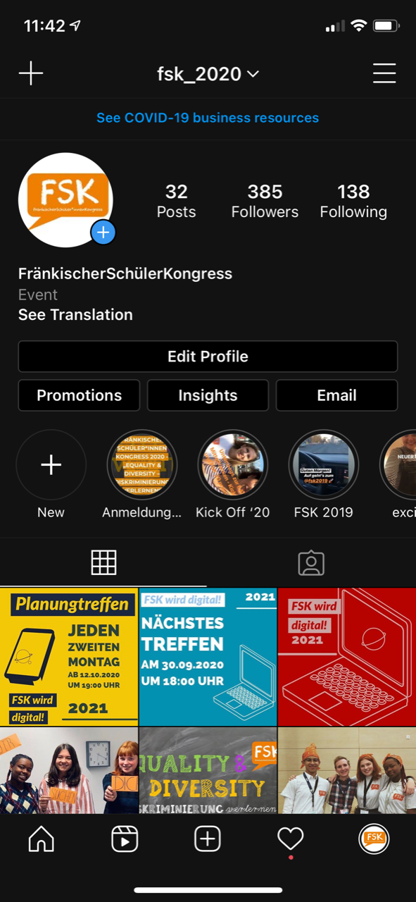 Die Instagram-Seite des Fränkischen Schülerkongresses