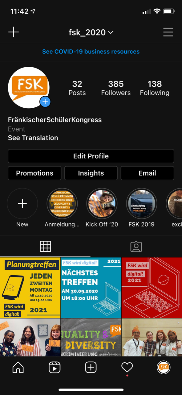 Die Instagram-Seite des Fränkischen Schülerkongresses