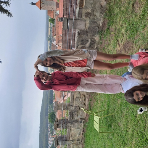 Vier Jugendliche turnen im Freien. Sie bilden eine Menschenpyramide. Zwei befinden sich im Vierfüßlerstand, zwei stehen auf ihren Rücken und reichen sich posierend die Hände.