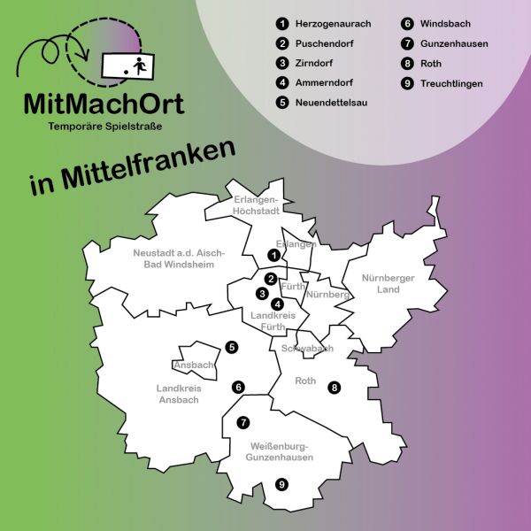 Eine Karte von Mittelfranken zeigt mit Zahlen alle Orte an, an denen Temporäre Spielstraßen stattgefunden haben.
