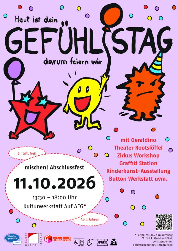 Plakat für das Abschlussfest Gefühlstag der mischen! Kinderkulturtage 2026. Informationen sind im Text auf der Webseite identisch.