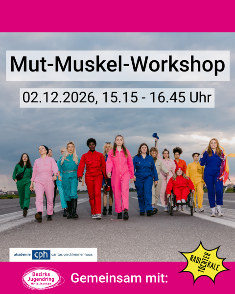 Mut-Muskel-Workshop 02.12.2026, 15.15 - 16.45 Uhr Foto von Gruppe von Menschen in bunten Overalls, darunter eine Person im Rollstuhl, die auf einer Straße vor bewölktem Himmel in Richtung Kamera gehen Im unteren Teil das Logo des CPHs, Bezirksjugendring und Radikale Töchter
