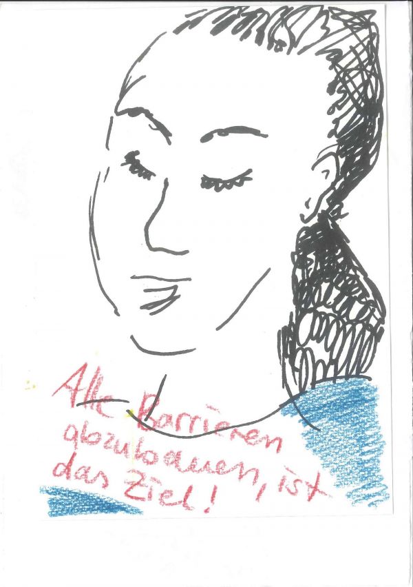 Zeichnung Frau mit langen Haaren, davor Text in rot: Alle Barrieren abzubauen ist das Ziel
