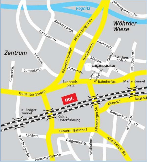 Karte der Nürnberger Innenstadt mit Weg zum Bezirksjugendring Mittelfranken