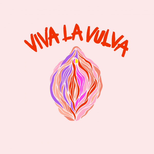 Schrift in rot: Viva la Vulva. Darunter die Zeichnung einer Vulva in bunten Farben